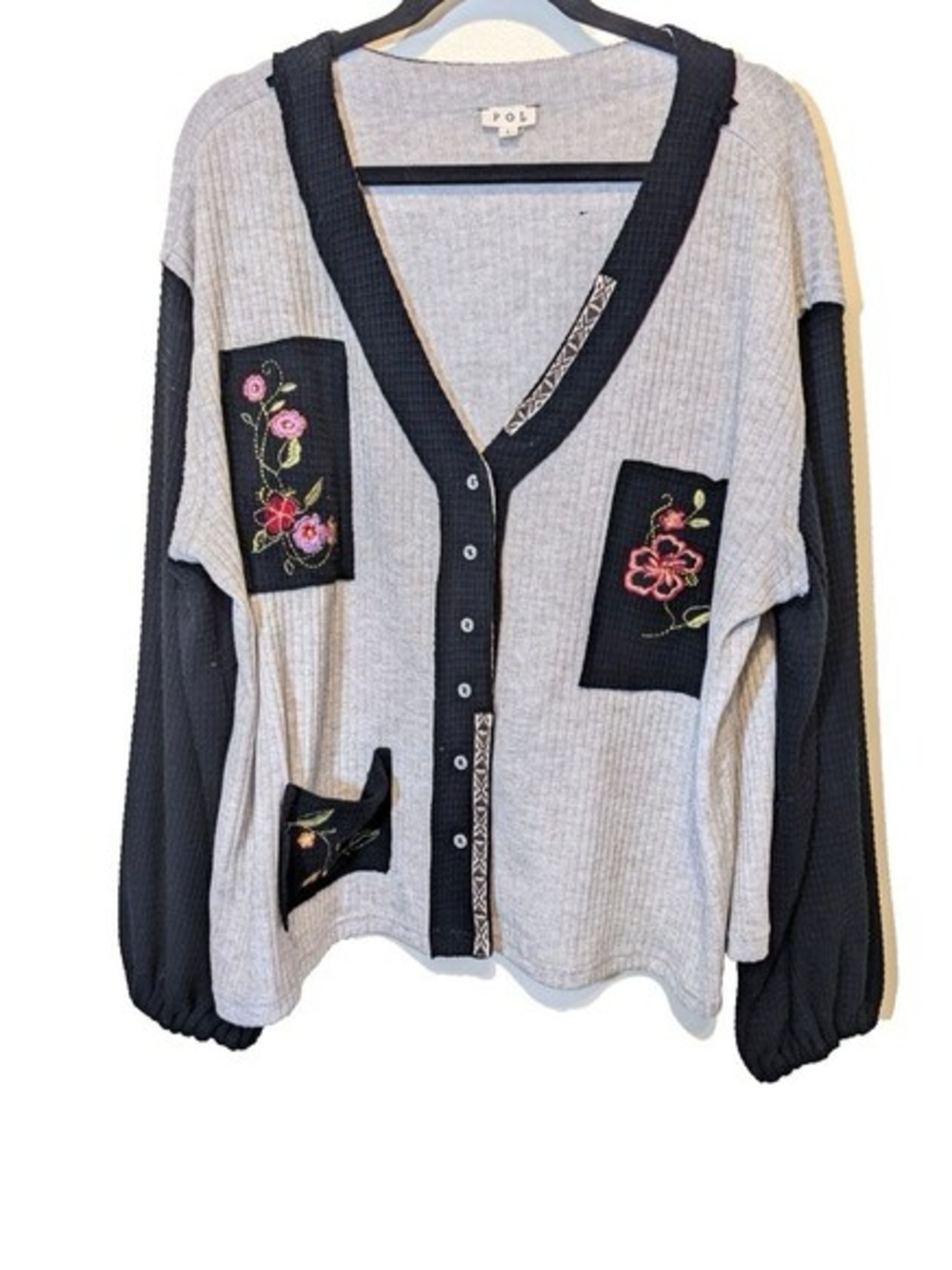 POL Oversized Floral Embroidered V-Neck Cardigan